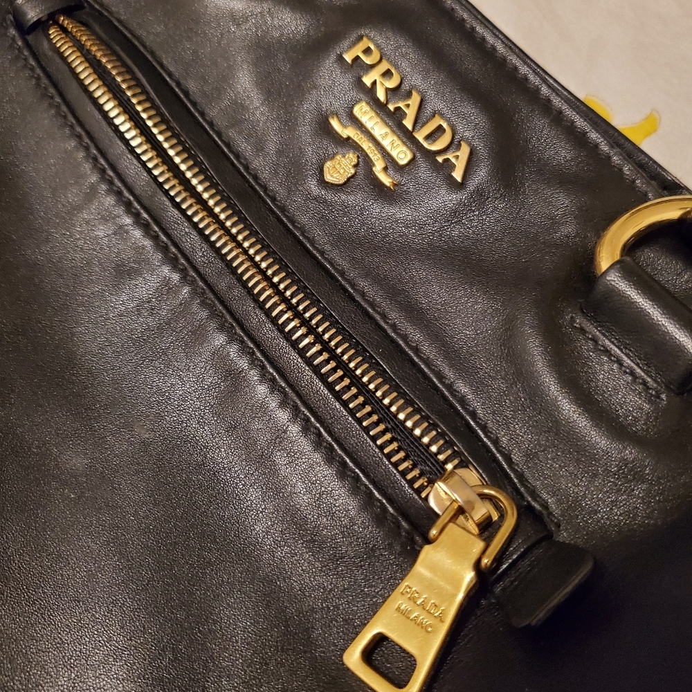 Prada black leather gold hobo tote purse bag used - Picture 2 of 13